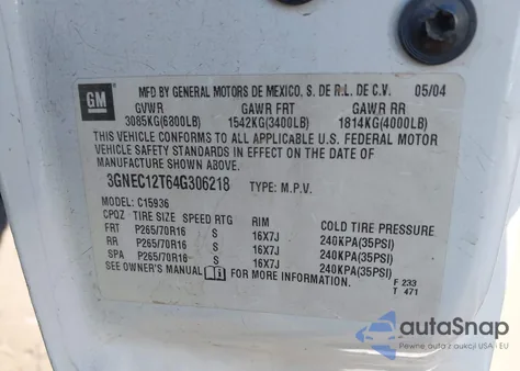 2004 Chevrolet Avalanche 1500 из США, поврежденный, VIN 3GNEC12T64G306218